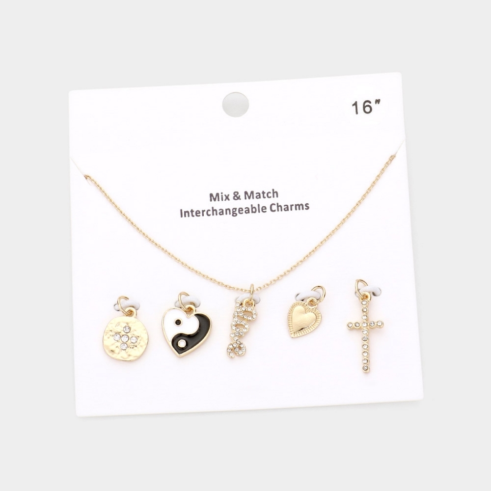 Interchangeable Heart Gold Yin Yang Pendant Necklace Love Cute Crystal Charm Set
